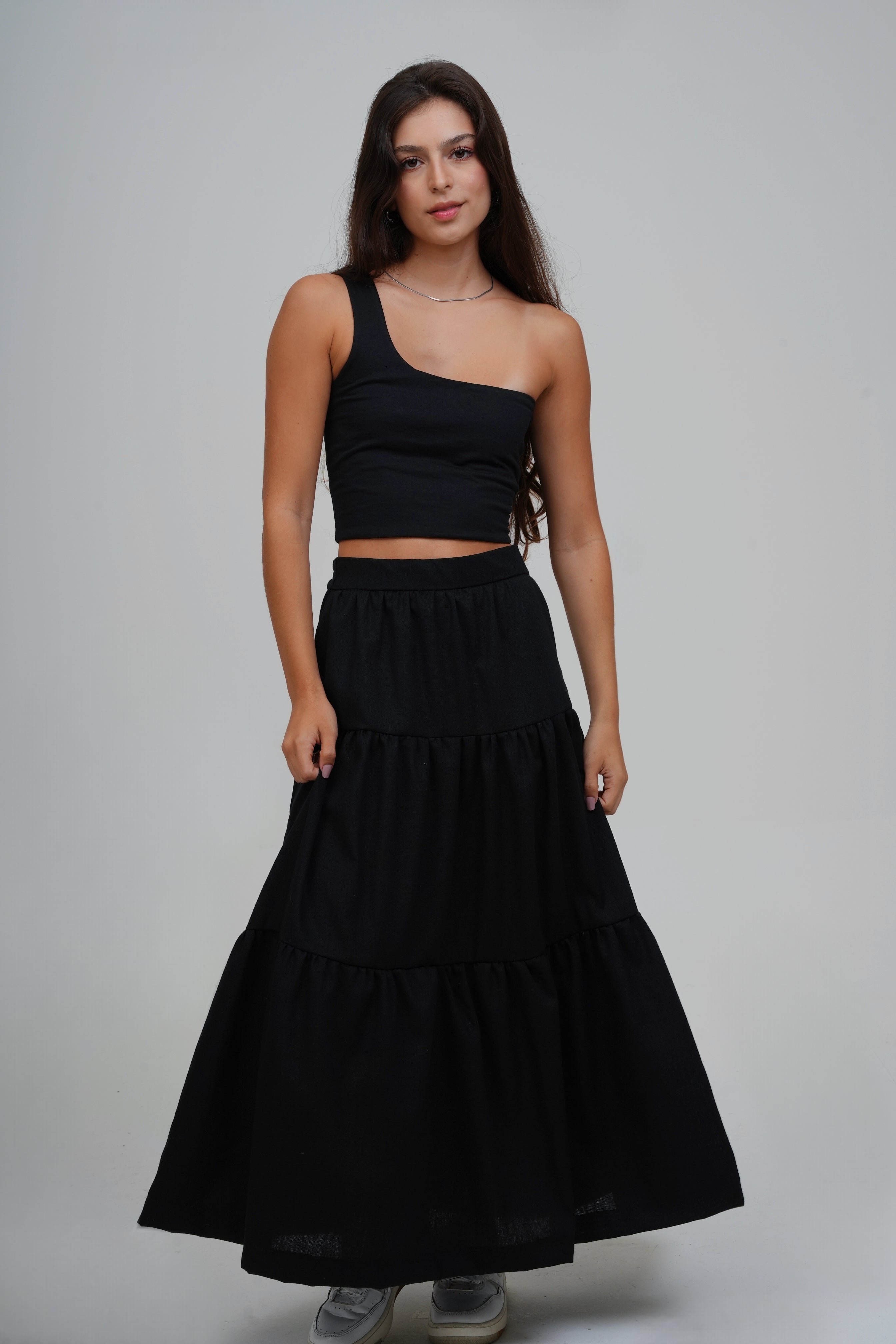 Saia Midi Camadas com Linho