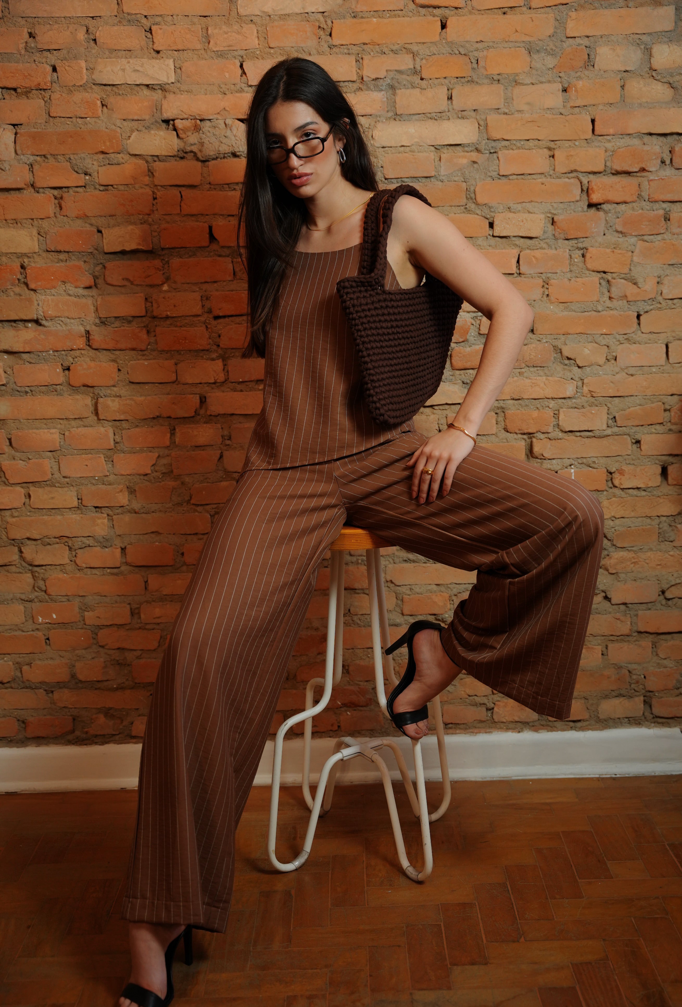 Conjunto Calça E Blusa Risca De Giz Alfaiataria