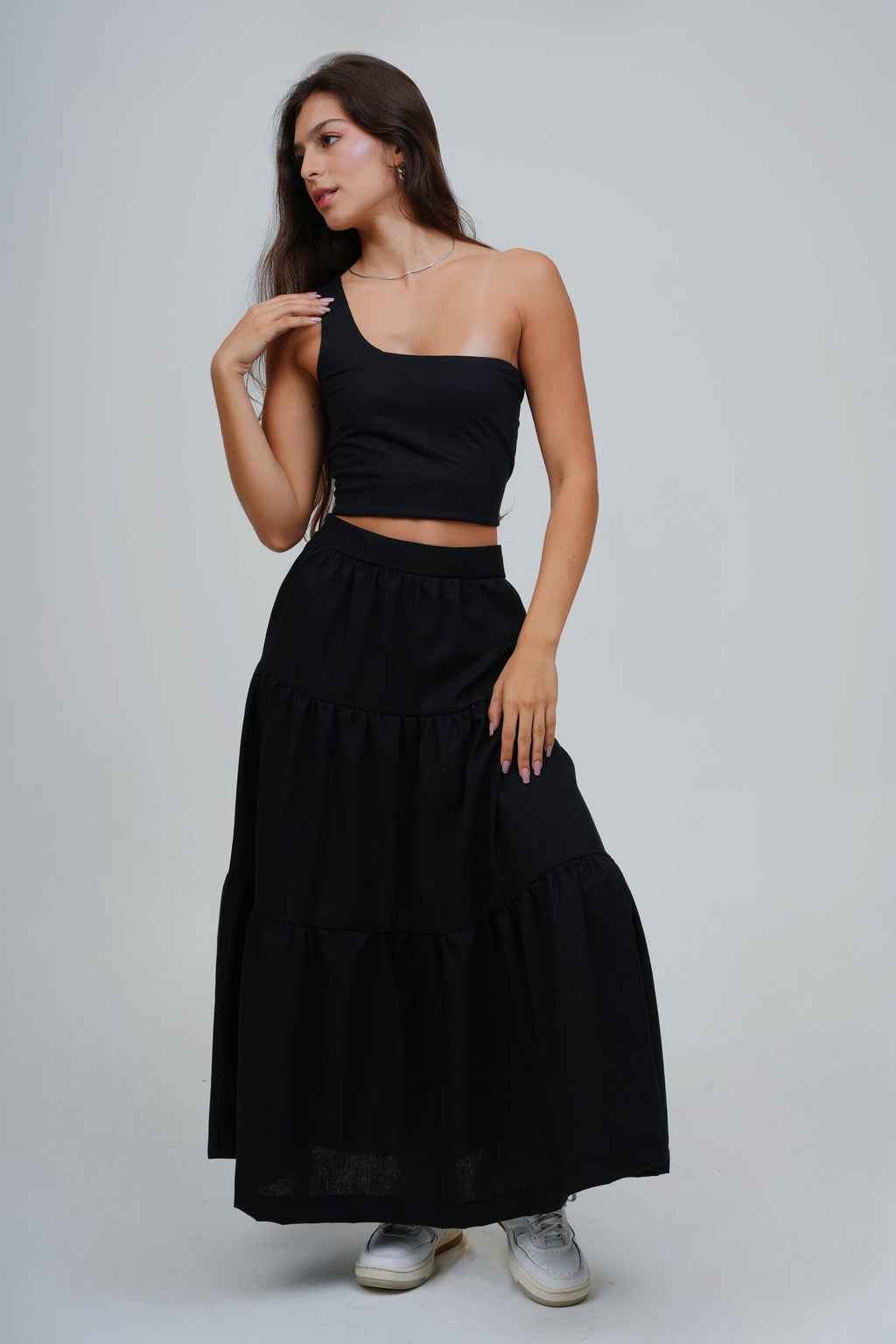 Saia Midi Camadas com Linho