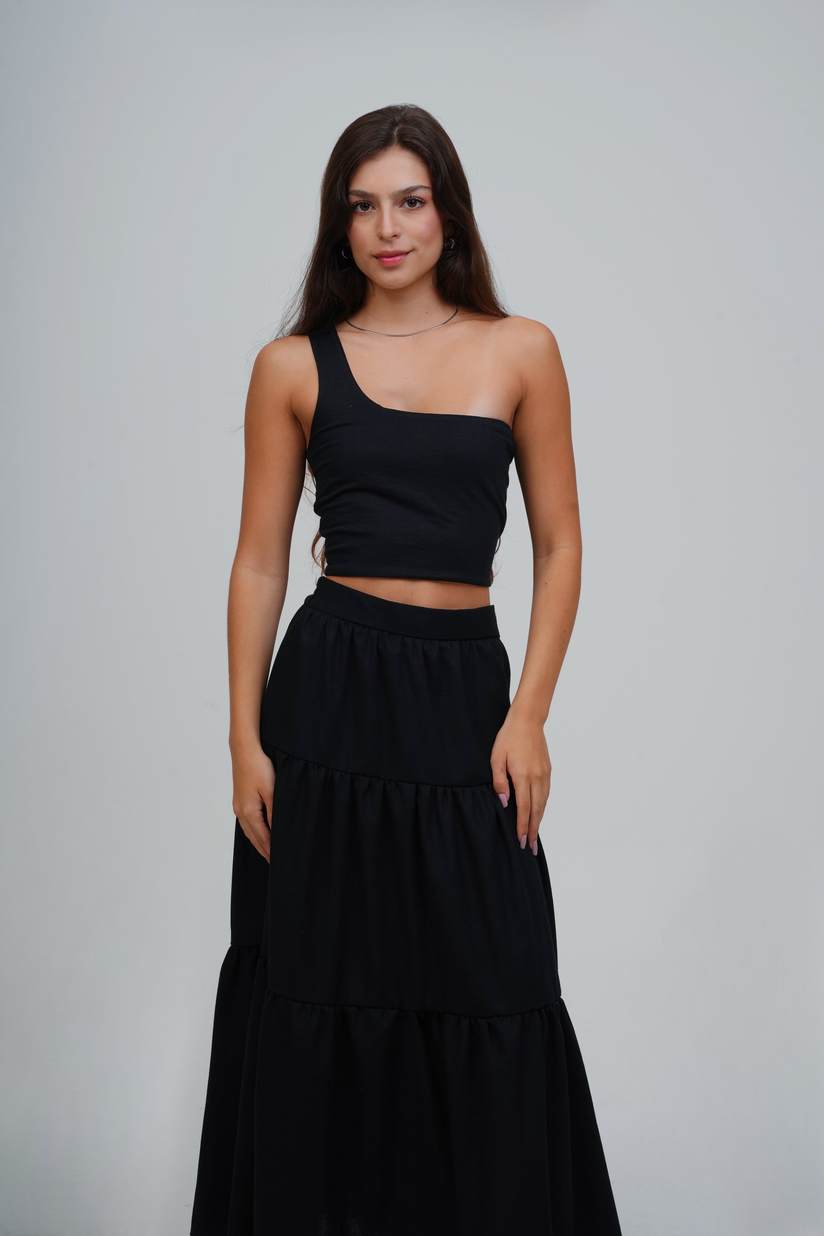 Saia Midi Camadas com Linho